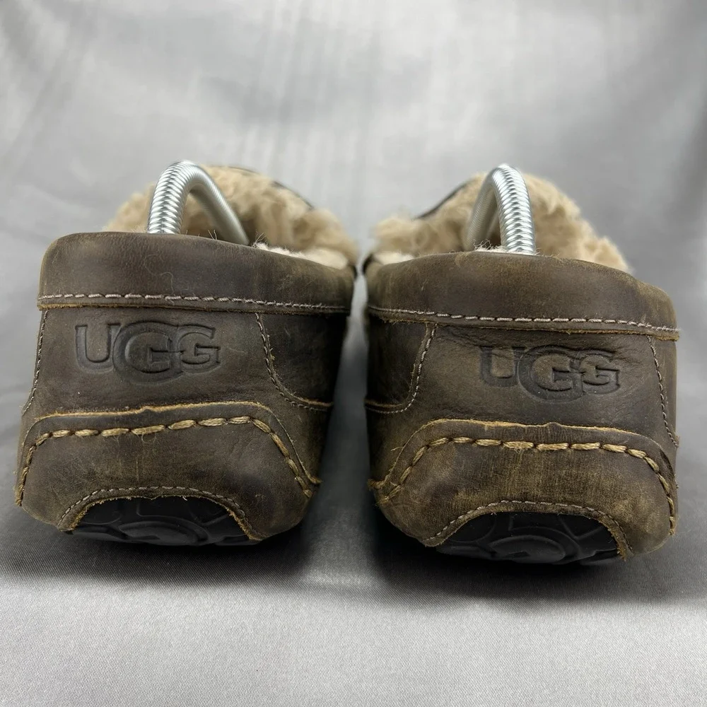 UGG Ascot Leather Wool Slippers Loafers Men's 12 Dark Brown‎ Driving S/N 1103889